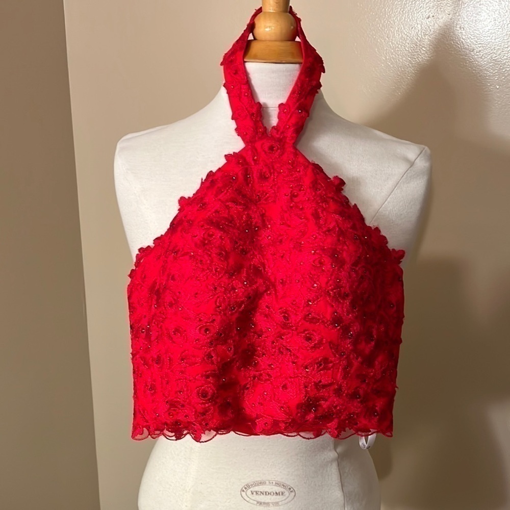 Angela & Alison Red Embellished Halter too Sz 4 EUC